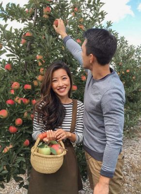 Couple picking apples in an orchard, with a basket of freshly picked fruit