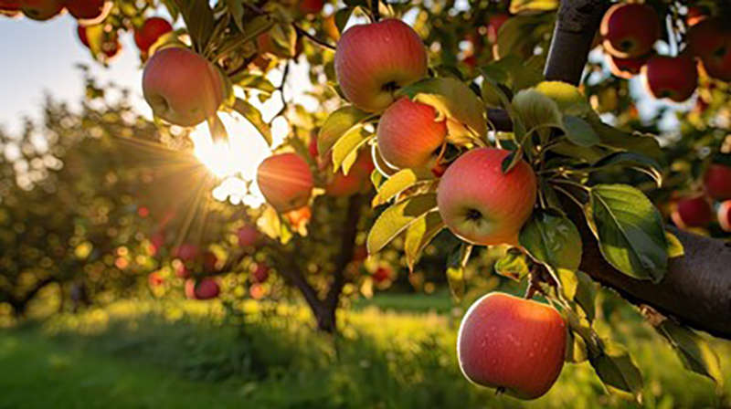 Ripe red apples hanging from orchard trees in warm harvest-season sunlight