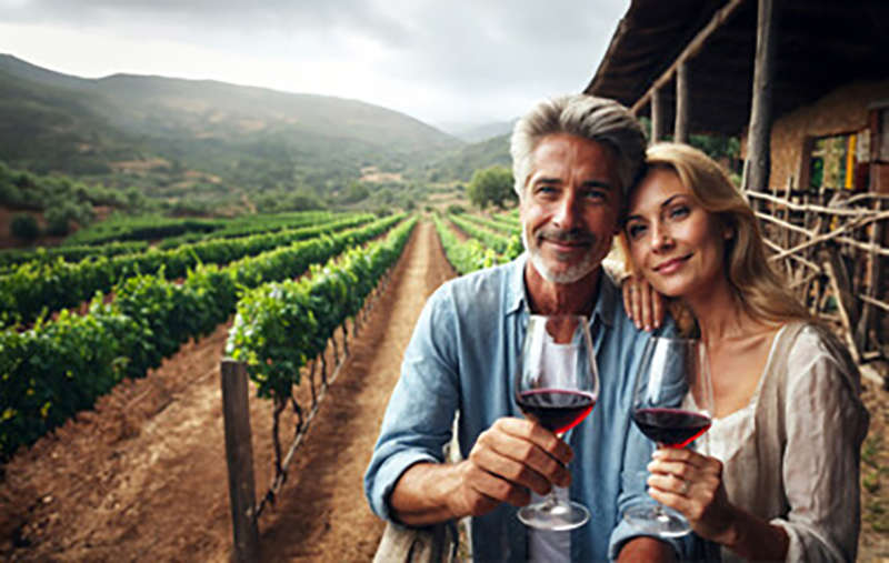 Couple enjoying a wine country date with red wine and vineyard views